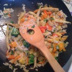 A half-done stir-fry... broccoli, yellow beans, carrots, pineapple... I like a little rice with my veggies, too!