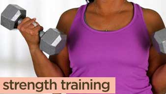 image of a woman holding a dumbbell. click here to view the strength training category on the site!